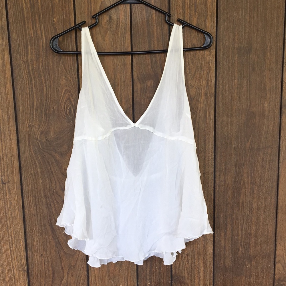 Free People White Sheer V-Neck Flowy Tank